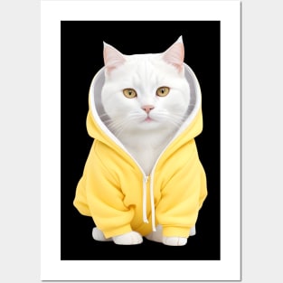 Beautiful white british shorthair wearing yellow hoodie Posters and Art